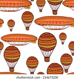 Seamless pattern with hand drawn airships and hot air balloons, clipping mask is used, vector illustration. Dirigibles.