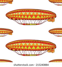 Seamless pattern with hand drawn airships. Clipping mask is used, vector illustration. Dirigible Zeppelin.. 