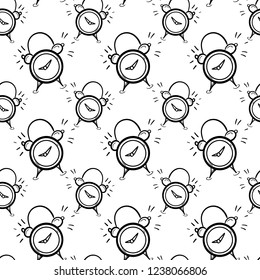 Seamless pattern hand drawn alarm clock. Doodle black sketch. Sign symbol. Decoration element. Isolated on white background. Flat design. Vector illustration.