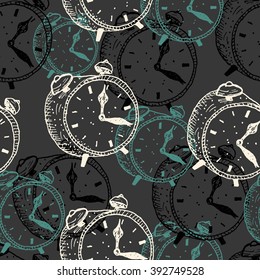 seamless pattern with hand drawn alarm clocks isolated on a dark background