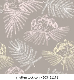 Seamless pattern with hand drawn Albizia flowers sketch. Albizia julibrissin, silk tree. Vintage floral background in pastel colors