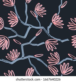 Seamless pattern with hand drawn almond tree branches. Pink flowers on black background. Spring concept. Isolated on black background