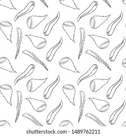 Seamless pattern with hand drawn aloe vera leaves isolated on white background. Vector illustration in doodle style.