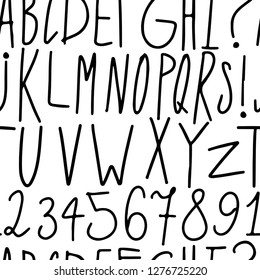 Seamless pattern with hand drawn alphabet in black and white colors line art