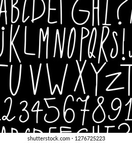 Seamless pattern with hand drawn alphabet in black and white colors line art