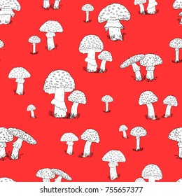 Seamless pattern with hand drawn amanitas on the transparent background