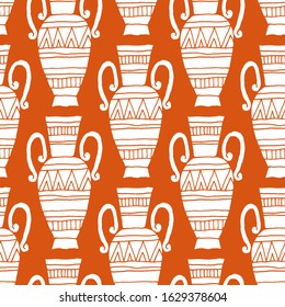 Seamless pattern of hand drawn amphoras, vases