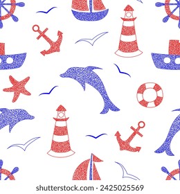 Seamless pattern with hand drawn anchor, dolphin, ship, lighthouse, sailboat, hand wheel, helm on white background in childrens naive style.