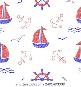 Seamless pattern with hand drawn anchor, ship, wave, sailboat, hand wheel, helm on white background in childrens naive style.
