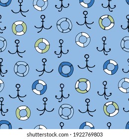Seamless pattern with hand drawn anchors, lifesavers on blue background for surface design and other design projects. Boating, sailing and fishing concept