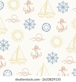 Seamless pattern with hand drawn anchors, ship wheels, lifebuoys, sailing boats, sun, and sunsets. Coastal marine summer design for beach decor, textiles, wallpaper, and fabric prints.