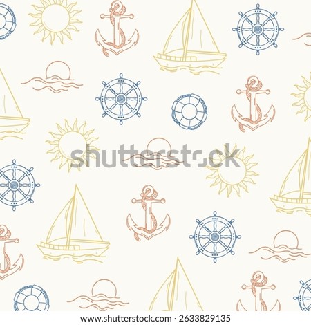 Seamless pattern with hand drawn anchors, ship wheels, lifebuoys, sailing boats, sun, and sunsets. Coastal marine summer design for beach decor, textiles, wallpaper, and fabric prints.