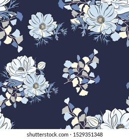 seamless pattern of hand drawn anemone flower in blue tone color on navy background 