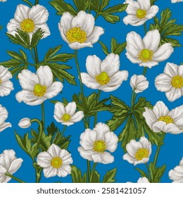 Seamless pattern with hand drawn Anemone flowers. Vector illustration of wildflower for floral textile design. Colored sketch of white flowers on a blue background. Bouquet of Anemone sylvestris