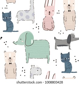 Seamless pattern with hand drawn animal. Creative childish background. Perfect for kids apparel,fabric, textile, nursery decoration,wrapping paper.Vector Illustration