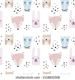 Seamless pattern with hand drawn animal faces. Creative childish background. Perfect for kids apparel, fabric, textile, nursery decoration, wrapping paper. Vector Illustration