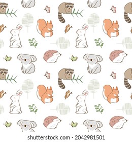 Seamless Pattern with Hand Drawn Animal, Rabbit, Raccoon, Hedgehog, Koala Bear, Butterfly and Squirrel Design on White Background