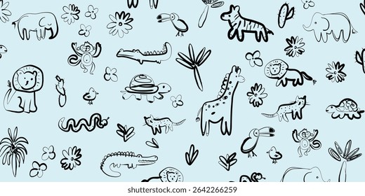 seamless pattern. hand drawn animal. vector illustration. doodle animals.