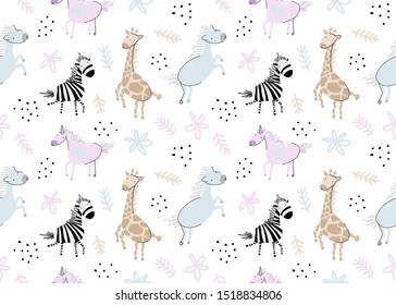 Seamless pattern with hand drawn animals: horse,unicorn, giraffe. Creative childish background. Perfect for kids apparel, fabric, textile, nursery decoration,wrapping paper. Vector Illustration