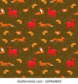 seamless pattern hand drawn animals / seamless pattern with fox, squirrels, deer and floral elements