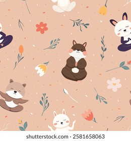 seamless pattern with hand drawn animals in yoga poses. Kids background in pastel colors with floral elements for textile, scrapbook, wrapping. Calming cheerful illustration.