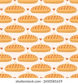 Seamless pattern with hand drawn apple pies and hearts on a warm pink background. Ideal for autumn textile designs, cozy kitchen fabric, and seasonal food-themed prints