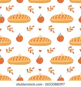 Seamless pattern with hand drawn apple pies, red apples, hearts, and autumn branches. Perfect for cozy fall textile, fabric prints, and seasonal backgrounds