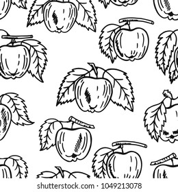 Seamless pattern with hand drawn apples. Vector sketch background. Doodle design. Perfect for textile, apparel, fabric, wrapping, wallpaper. Black and white illustration.