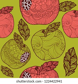 Seamless pattern with hand drawn apples. Vector sketch background. Doodle design. Perfect for textile, apparel, fabric, wrapping, wallpaper.