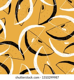 Seamless pattern of hand drawn apples halfs. Two layers. White and black linear, graphic silhouettes.