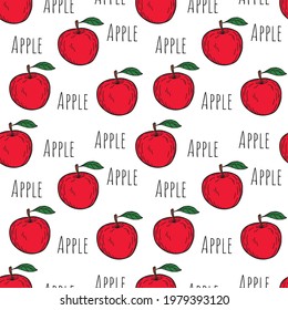 Seamless pattern with hand drawn apples and Apple signs. Red apples with green leaves on white background. Vector illustration