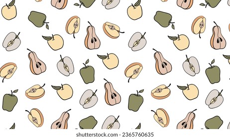 Seamless pattern with hand drawn apples and pears. Vector illustration.