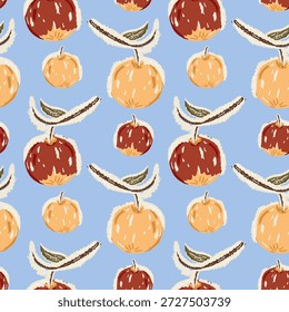 Modelo inconsútil con las manzanas y las hojas dibujadas a mano en colores suaves sobre fondo azul claro. Concepto de la cosecha de otoño frescura natural de los alimentos y textura decorativa de la fruta