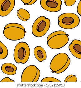 Seamless pattern with hand drawn apricot fruit elements, seamless pattern. Vegetarian wallpaper. For design packaging, textile, background, design 