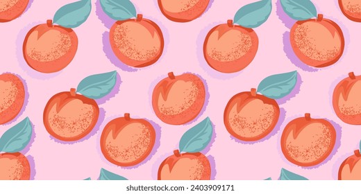 Seamless pattern with hand drawn apricot or peach and leaves. Abstract, stylized, fruits in a vector. Summer pastel pink background. Design for fabric, print 
