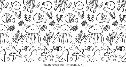 Seamless pattern with hand drawn Aquatic animals. Background for textile, wrapping paper, fashion, illustration.