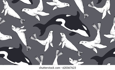 seamless pattern with hand drawn arctic animals. polar theme. killer whale and sea calf
