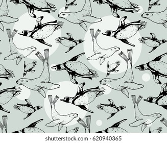 seamless pattern with hand drawn arctic animals. nord theme. sea calf and penguins