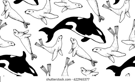 seamless pattern with hand drawn arctic animals. nord theme. killer whale and sea calf