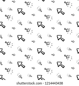 Seamless pattern hand drawn arrow cursor. Doodle black sketch. Sign symbol. Decoration element. Isolated on white background. Flat design. Vector illustration.