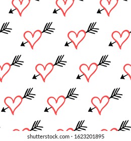 Seamless pattern with hand drawn arrow in heart for background, wallpaper, pack, bag, letter, t shirt, texture. Vector Illustration