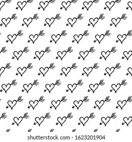 Seamless pattern with hand drawn arrow in heart for background, wallpaper, pack, bag, letter, t shirt, texture. Vector Illustration
