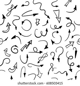 Seamless pattern. Hand drawn arrows. Black and white colors. Vector illustration.