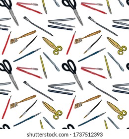 Seamless pattern of hand drawn art supplies in color. Artists brushes, pencils, pens and other artists tools. Supplies for school and office. Isolated vector sketches