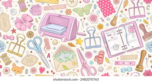 Nahtloses Muster mit handgezeichneten Kunstmaterialien für Scrapbooking. Hintergrund mit handgemachten, Scrapbook oder Planer Deko-Elementen. Aufkleber, Stempel, Klebeband. Vektorillustration