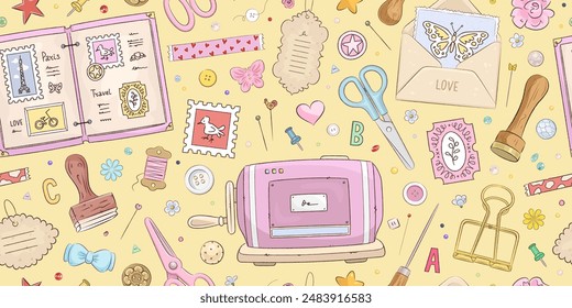 Seamless pattern with hand drawn art supplies for scrapbooking. Background with handmade, scrapbook or planner decoration elements. Stickers, stamp, tape. Vector illustration
