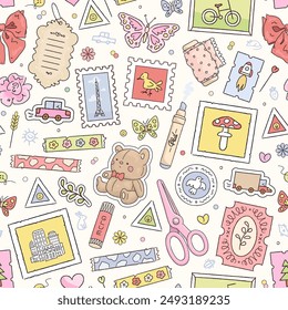 Seamless pattern with hand drawn art supplies for scrapbooking. Background with handmade, scrapbook or planner decoration elements. Stickers, stamp, tape. Vector illustration