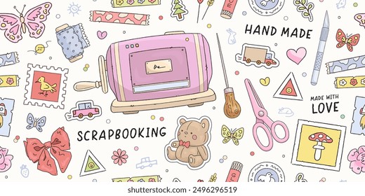 Seamless pattern with hand drawn art supplies for scrapbooking. Background with handmade, scrapbook or planner decoration elements. Stickers, stamp, tape. Vector illustration