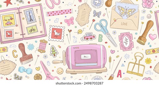 Seamless pattern with hand drawn art supplies for scrapbooking. Background with handmade, scrapbook or planner decoration elements. Stickers, stamp, tape. Vector illustration