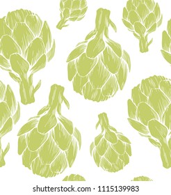 Seamless pattern with hand drawn artichokes. Vector illustration. Botanical pattern for textiles and wallpapers.